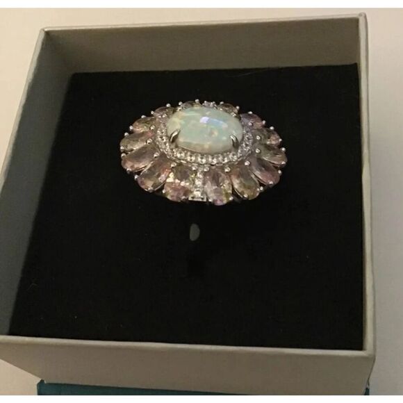 Gorgeous Ethipoian Opal~Pink & White Sapphire Sunburst Cocktail Ring Sz 8~925 SS - Picture 3 of 5